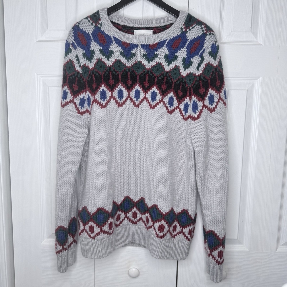 Lucky Brand Men's Fair Isle Sweater Gray Crewneck Multicolor Geometric Knit L